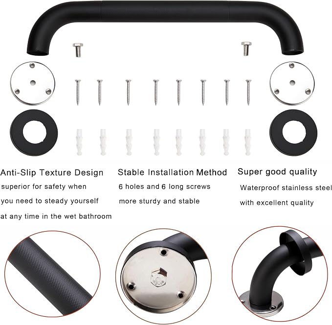 Shower Grab Bar, 2 Pack 24 Inch Black Bathroom Grab Bar, 1.25" Diameter 304 - Image 3