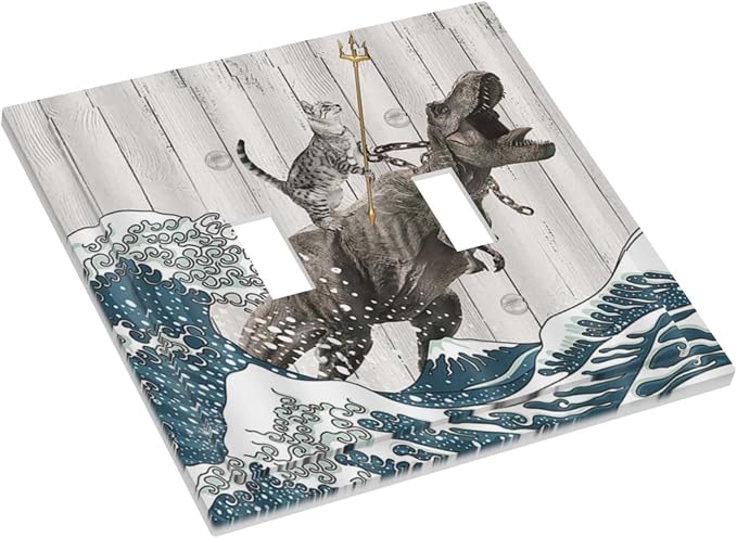 Funny Cat Cool Cat Dinosaur Japanese Sea Waves Wood Double Toggle Light Switch - Image 3