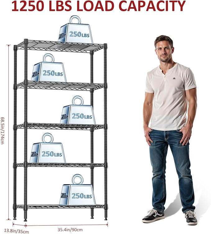 IZEUK 5 Tier Black Metal Storage Shelves, Heavy Duty Wire Shelving Rack - Image 3