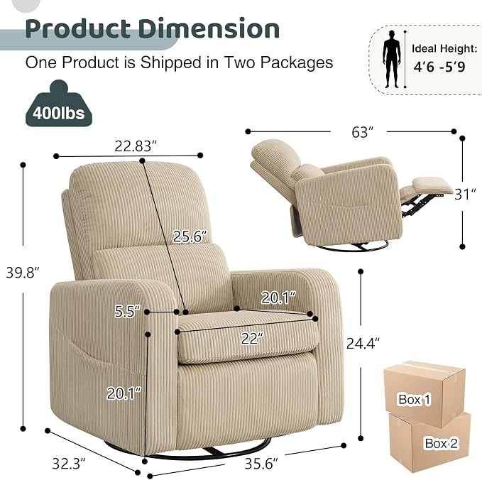 Swivel Rocker Recliner, Oversized Manual Nursery Glider Rocking Recliner Chair - Image 2