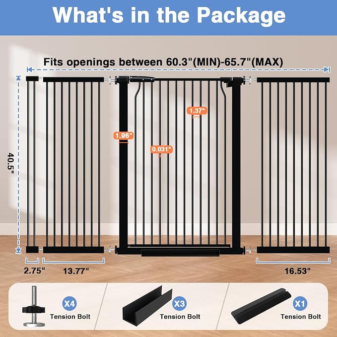 60.2"-65.7" Baby Gates Extra Wide, 40.5" Tall Dog Gate Indoor, Walk Through Pet - Image 9