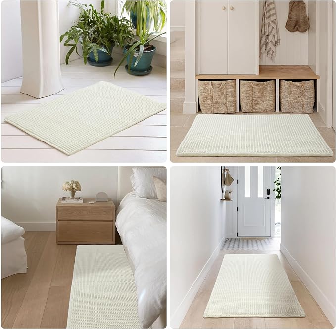 Cream White Bathroom Rugs, Waffle Bath Mat Non Slip Washable Super Absorbent - Image 8