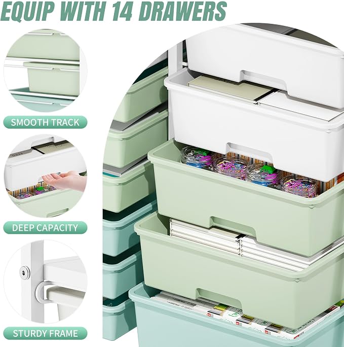 Rolling Storage Cart with 14 Drawers, Storage Organizer Cart with Tabletop and - Image 4