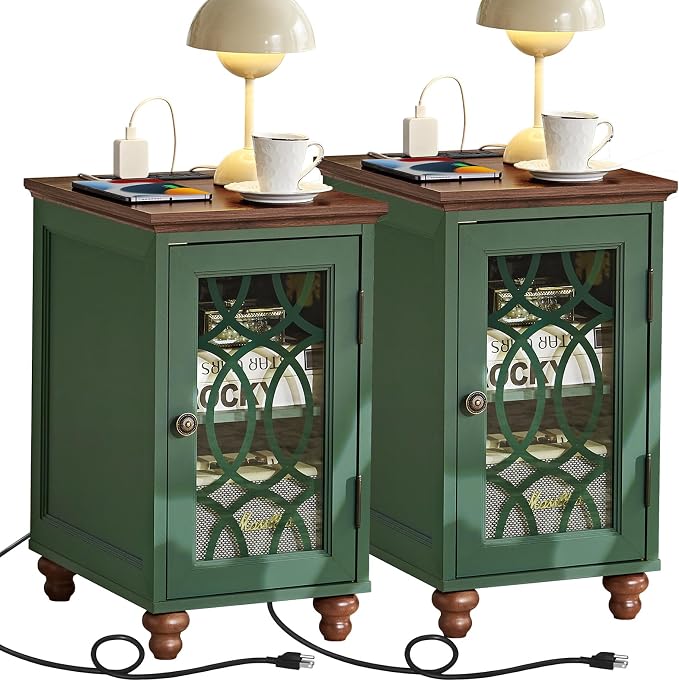 Narrow Side Table with Charging Station Set of 2, Night Stand with Glass Door by Joaxswe