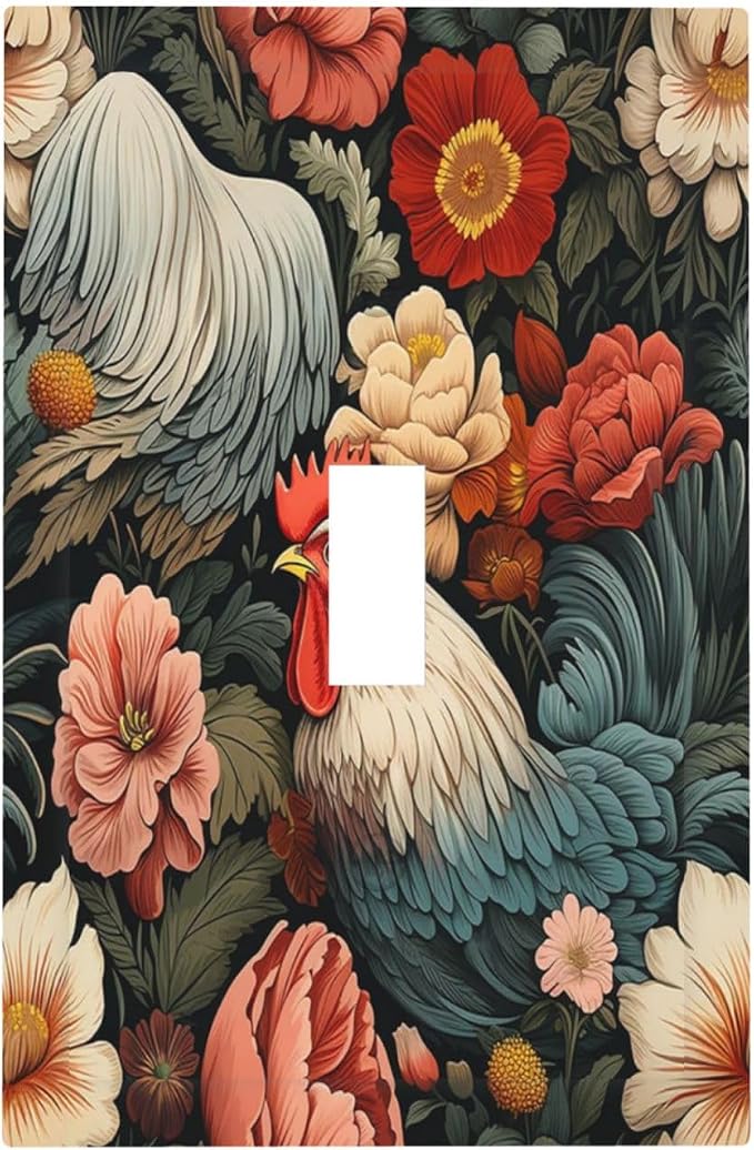 Decorative Light Switch Cover Rooster Flowers Red White Chicken Floral 1 Gang by Everyswitchisastoryswitch