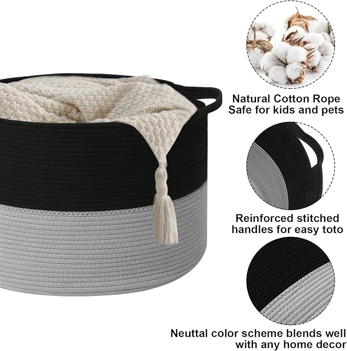 Large Storage Basket with Handle, 19.7"x 19.7"x 13" Blanket Basket Storage Bins - Image 3