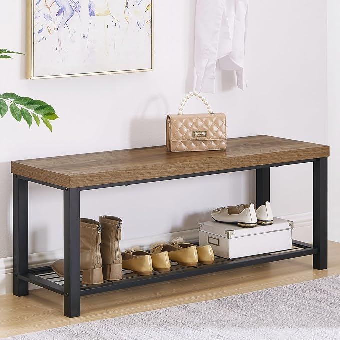 FOLUBAN Entryway Bench, Modern Shoe Storage Bench, Rustic Wood and Metal Entry by FOLUBAN