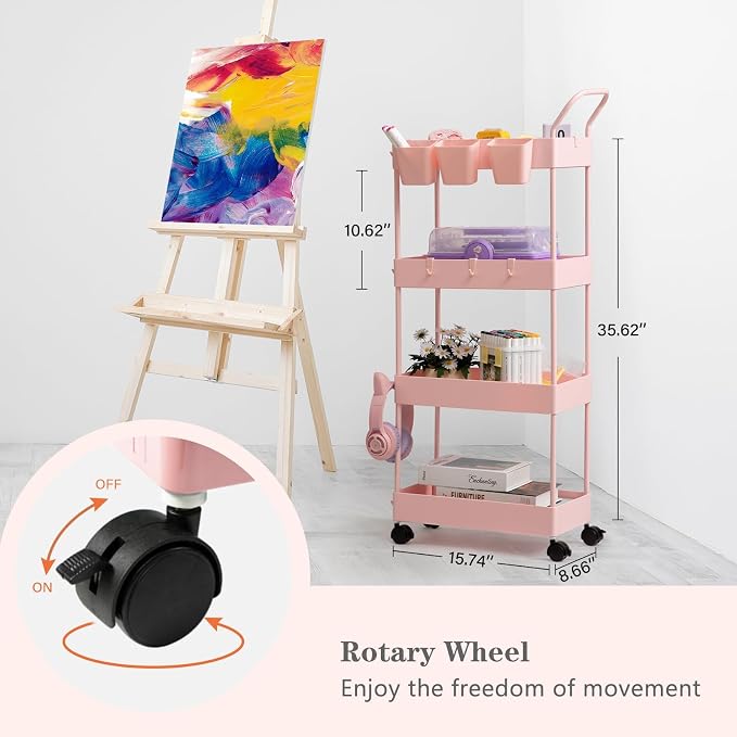 Danpinera 4-Tier Pink Slim Storage Cart, Narrow Laundry Cart - Image 8