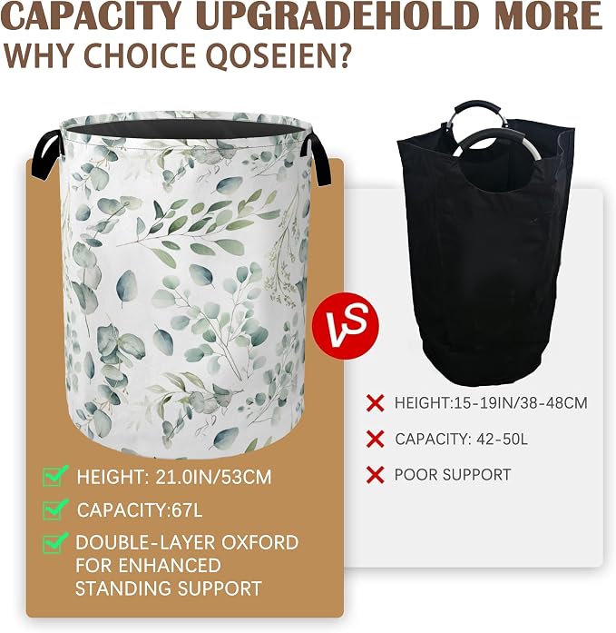 Green Eucalyptus Collapsible Laundry Baskets, Leaves Branches Laundry Hamper - Image 4