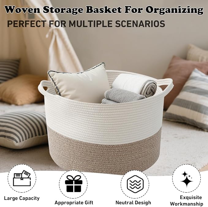 Large Storage Basket with Handle, 19.7" L x 19.7" W x 13" H Blanket Basket - Image 6