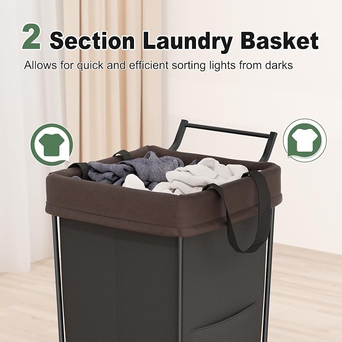 160L Laundry Hamper with Wheels and Handle, 2 Section Large Rolling Laundry - Image 3