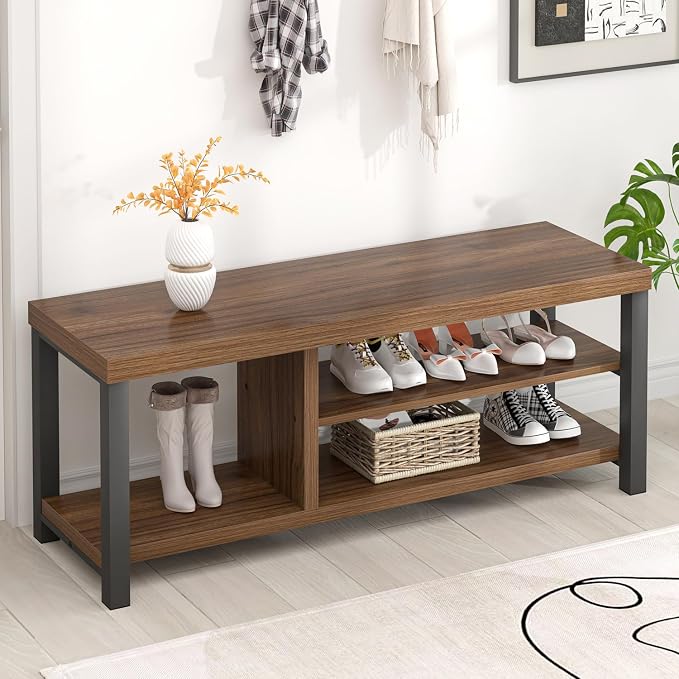 FOLUBAN Shoe Bench, Modern Wood and Metal Storage Bench - Image 5