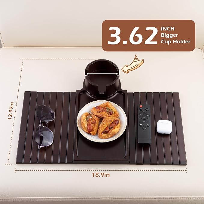 Couch Cup Holder Tray, 3 in 1 Large Couch Arm Trays, Bamboo Chair Clip on Tray - Image 5