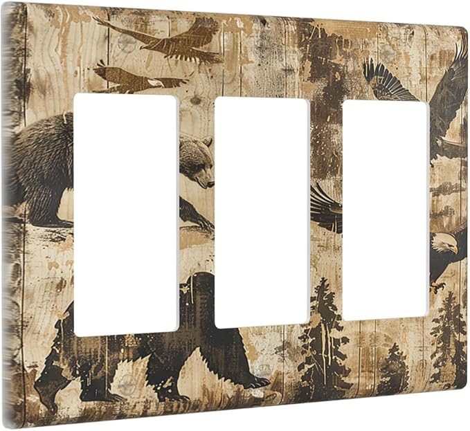 Light Switch Covers Vintage Cabin Wildlife Animal Bear Eagle Forest 3 Gang - Image 2
