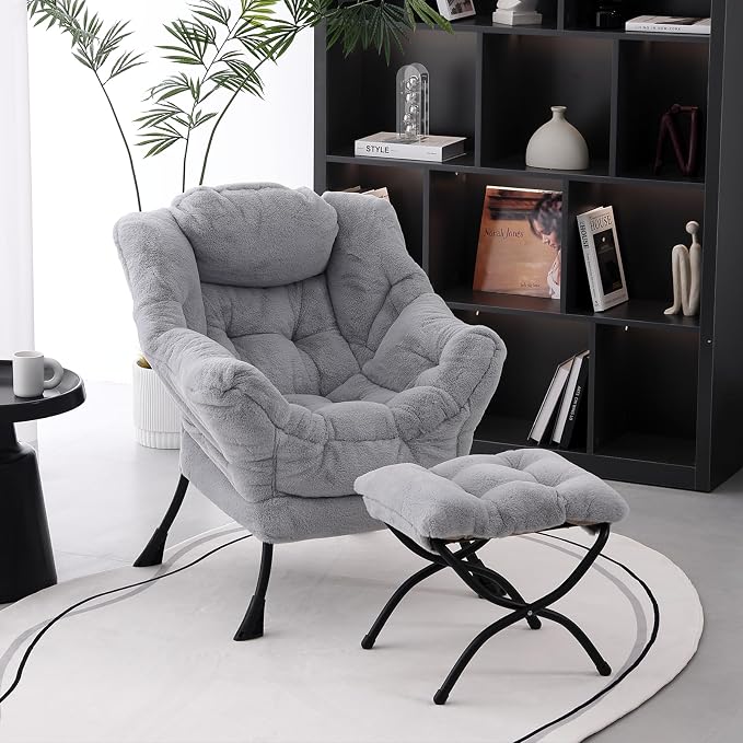 Lazy Chair with Folding Ottoman, Modern Accent Lounge Armchair with Armrests - Image 4