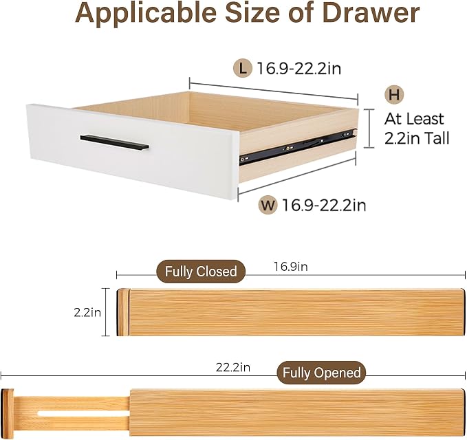 Bamboo Drawer Divider Set of 8, Adjustable Spring-Loaded Drawer Organizer - Image 2