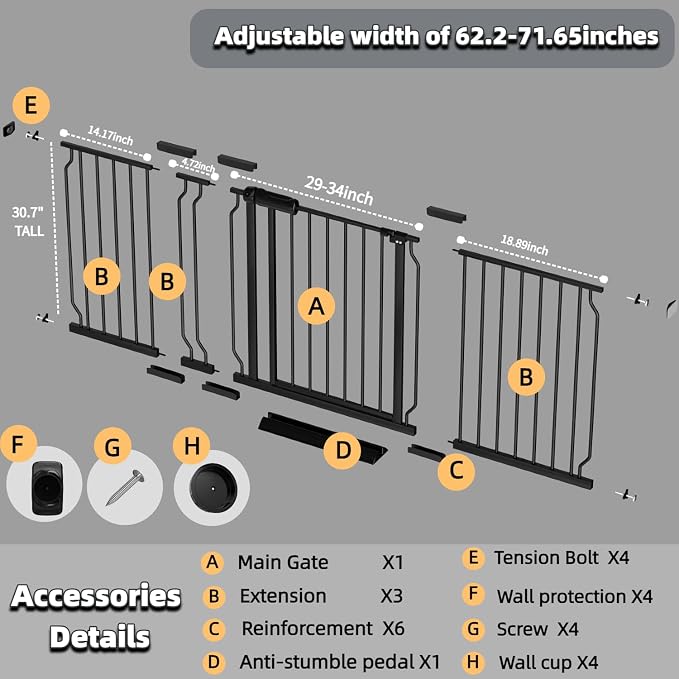 TSAYAWA 62.2"-71.65" Extra Wide Auto Closing Baby Safety Gate - Image 2