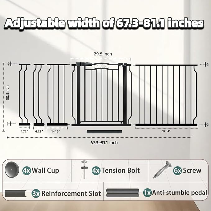 Extra Wide Baby Gate 67.3-81.1 Inch, Pressure Mounted Dog Gate Indoor, Walk - Image 2