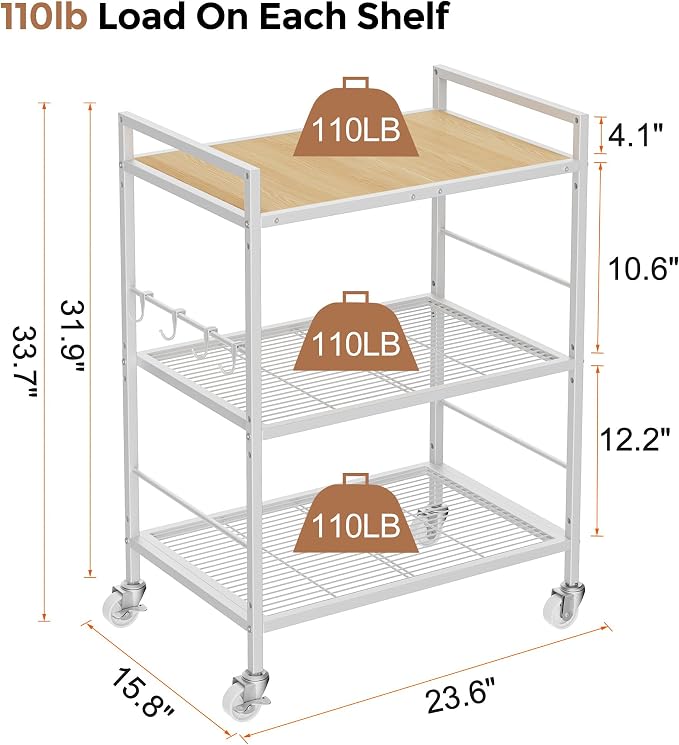 3-Tier Kitchen Cart with Adjustable Shelves - Image 8