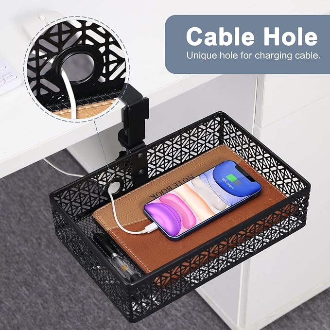 Black Modern Under Desk Drawer Organizer Clip-on Cup Holder & Phone Holder - Image 4