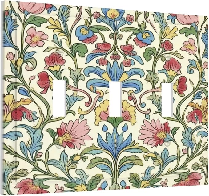 Decorative Switch Plates Boho Red Floral Morris Plant Leaves 3 Gang Wall Plate - Image 2