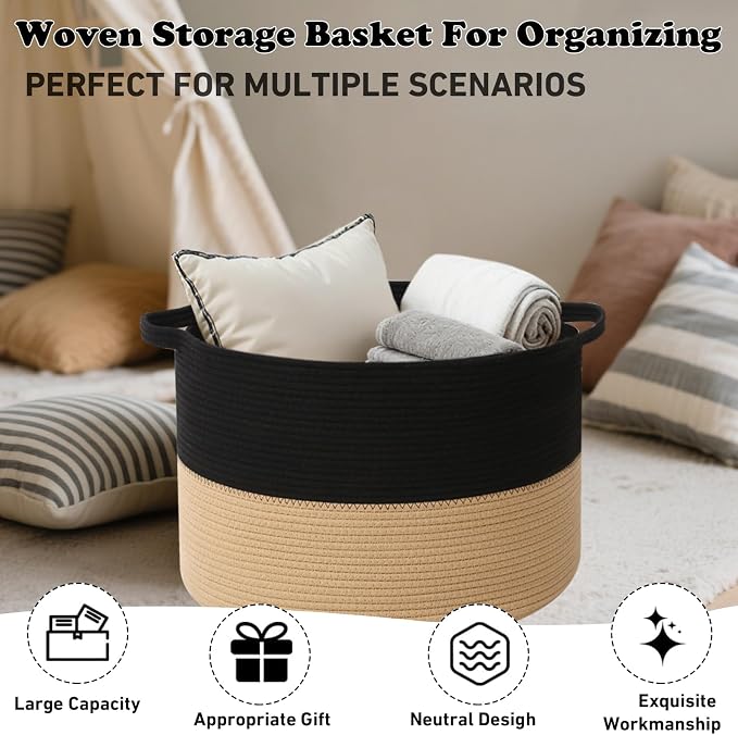 Large Storage Basket with Handle, 19.7" L x 19.7" W x 13" H Blanket Basket - Image 6
