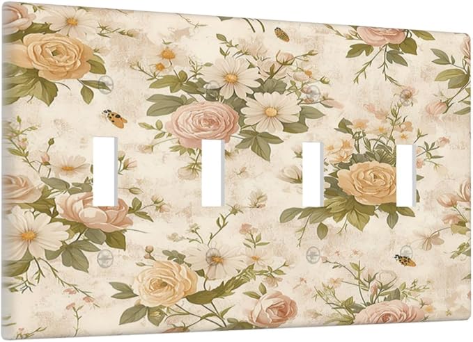 Light Switch Covers Boho Vintage Roses Pink Red Yellow Bouquet Floral Quad - Image 2