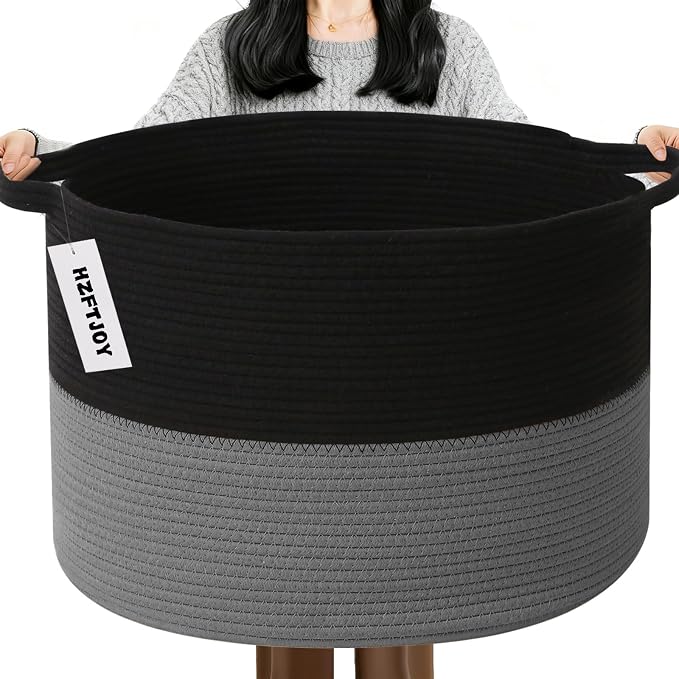 Large Storage Basket with Handle, 19.7"x 19.7"x 13" Blanket Basket Storage Bins by HZFTJOY