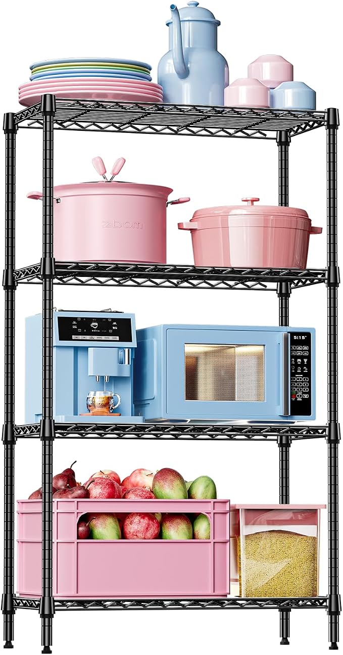 IZEUK 4-Tier Black Metal Storage Shelves, Heavy Duty Adjustable Wire Shelving by IZEUK