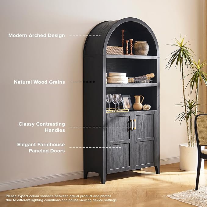 mopio Lauren 77.4" Tall Arched Cabinet, 5-Tier Arched Bookcase - Image 3