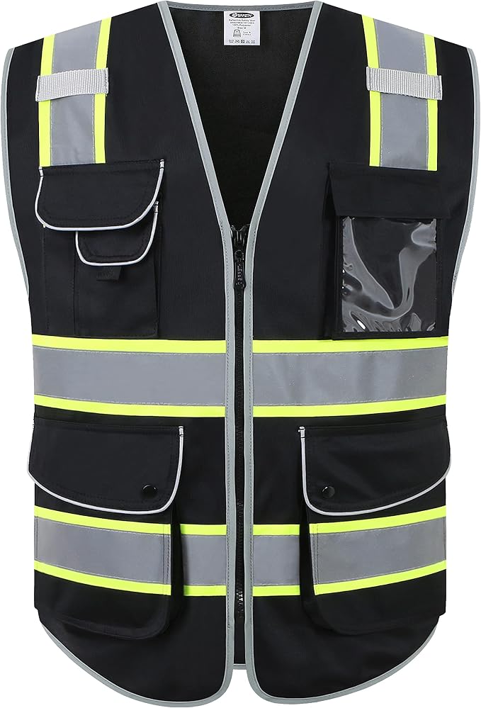 JKSafety 9 Pockets Hi-Vis Black Color Zipper Front Safety Vest Fluorescent by JKSafety