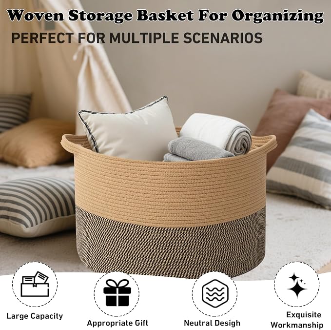 Large Storage Basket with Handle, 19.7" L x 19.7" W x 13" H Blanket Basket - Image 6