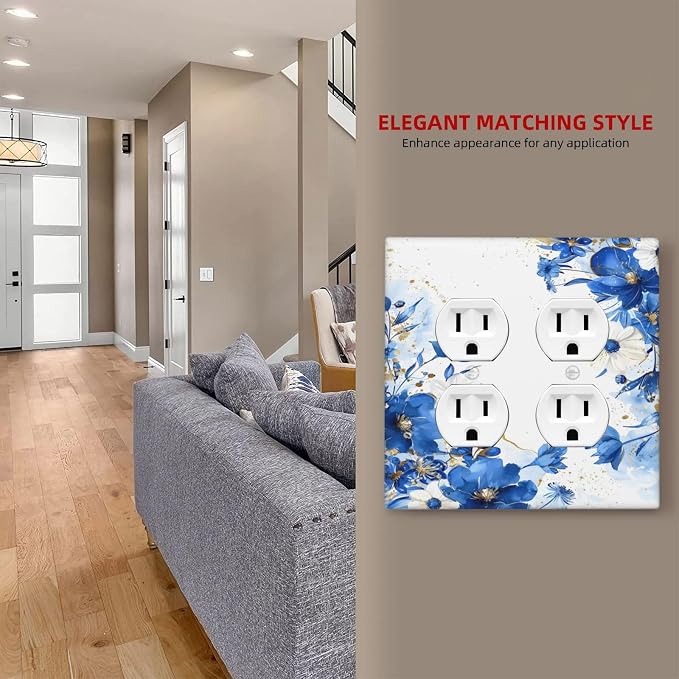 Klein Blue Flowers Watercolor Golden White Floral Outlet Covers 2 Gang Double - Image 7
