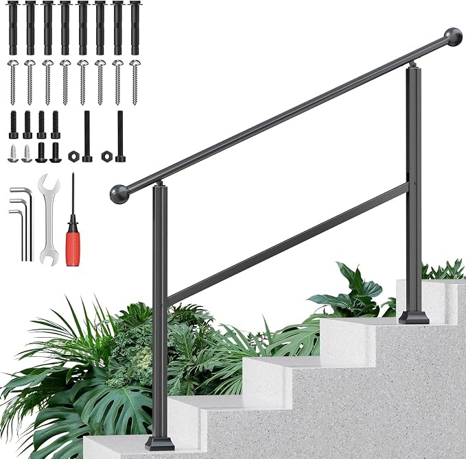 4-Step Outdoor Stair Handrail Kit, Heavy Duty Aluminum Alloy Adjustable Height by ORWOD