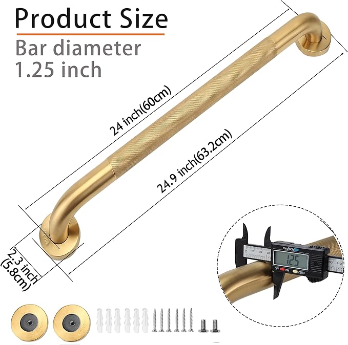 Shower Grab Bar, 2 Pack 24 Inch Gold Bathroom Grab Bar, 1.25" Diameter 304 - Image 2