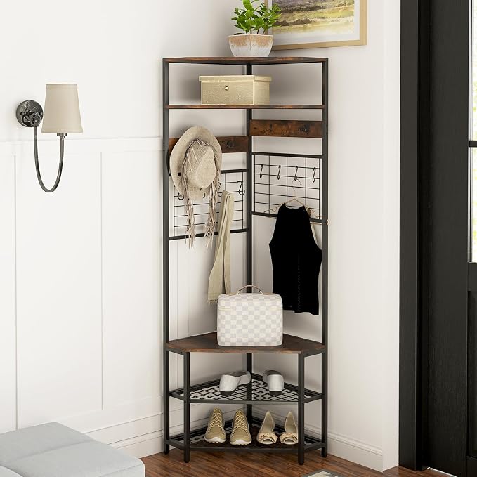 Giantex Corner Hall Tree, 12 Metal Hooks, 5-Tier Entryway Shoes Shelf Organizer - Image 2