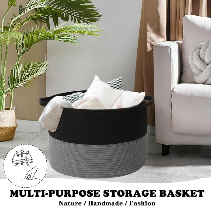 Large Storage Basket with Handle, 19.7"x 19.7"x 13" Blanket Basket Storage Bins - Image 4