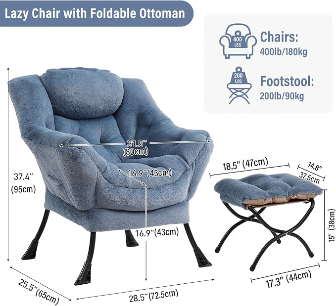 Lazy Chair with Ottoman, Modern Chair with Folding Footrest, Lounge Accent Chair - Image 2