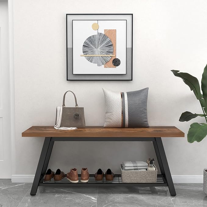 Storage Bench Industrial Rustic Wooden and Metal Entryway Shoe Boots Storage - Image 3