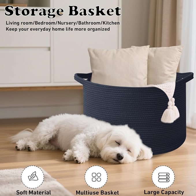 Large Storage Basket with Handle, 19.7"L x 19.7"W x 13"H Blanket Basket Storage - Image 5