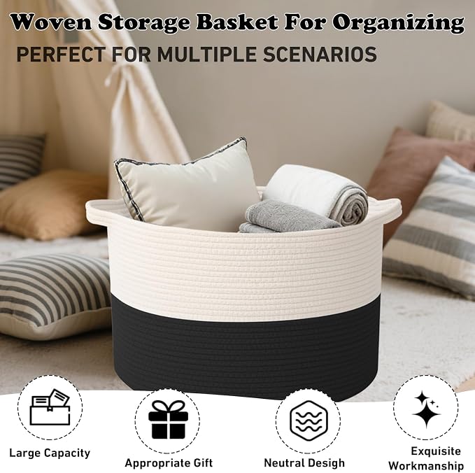 Large Storage Basket with Handle, 19.7" L x 19.7" W x 13" H Blanket Basket - Image 6