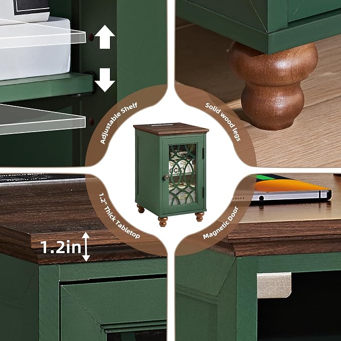 Narrow Side Table with Charging Station Set of 2, Night Stand with Glass Door - Image 8