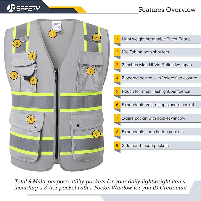 JKSafety 9 Pockets Hi-Vis Fluorescent Color Zipper Front Safety Vest - Image 3