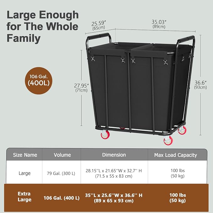 Hoctieon 2 Section Laundry Sorter Cart, 400L Rolling Hamper - Field & Grace
