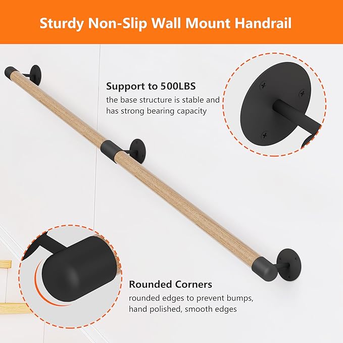 2FT Round Wooden Stair Handrail, Indoor Staircase Handrail, Wall Mount Support - Image 3