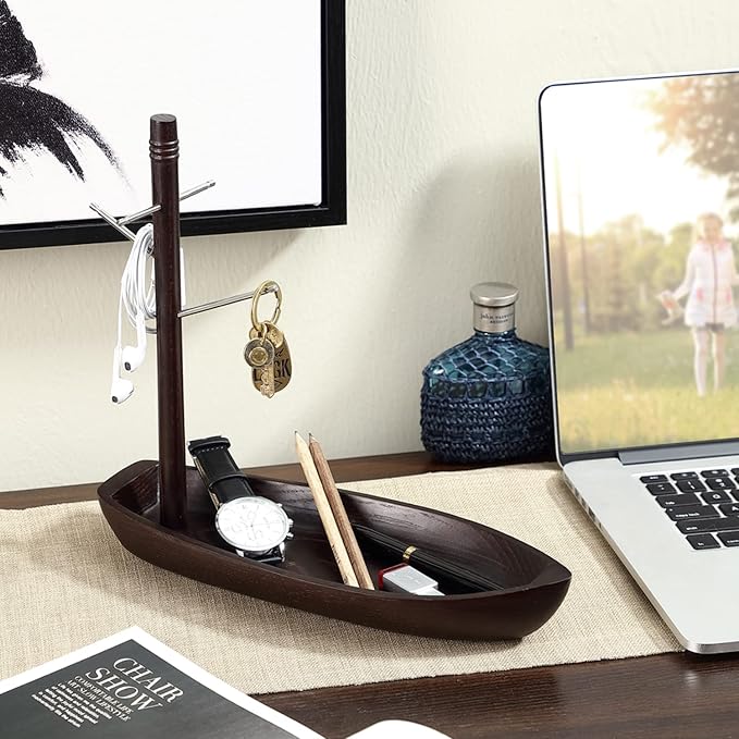 Entryway Key Holder Stand, 4 Metal Key Hooks and Storage Tray, Ash Solid Wood - Image 6