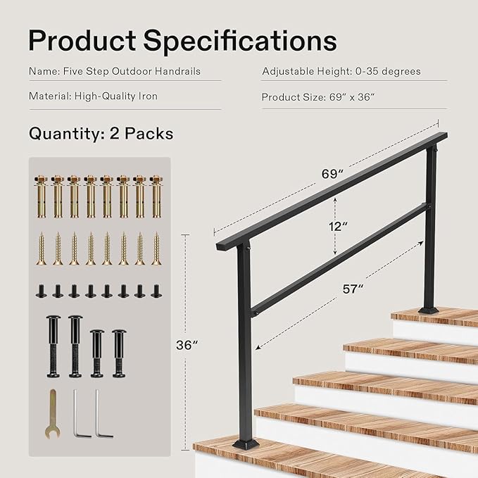 VIVOSUN Outdoor Handrail, 5 Step Stair Handrai, Wrought Mattle Iron Handrail - Image 2