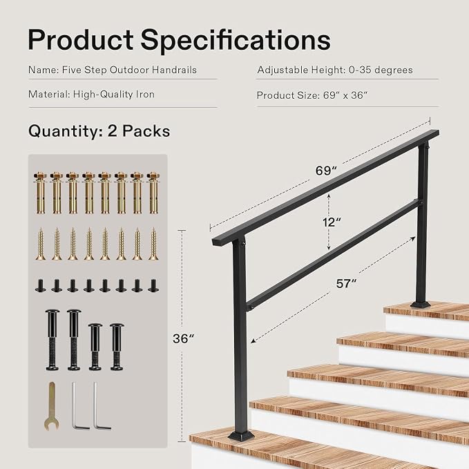 VIVOSUN 2-Pack Outdoor Handrail, 5 Step Stair Handrail, Wrought Mattle Iron - Image 2