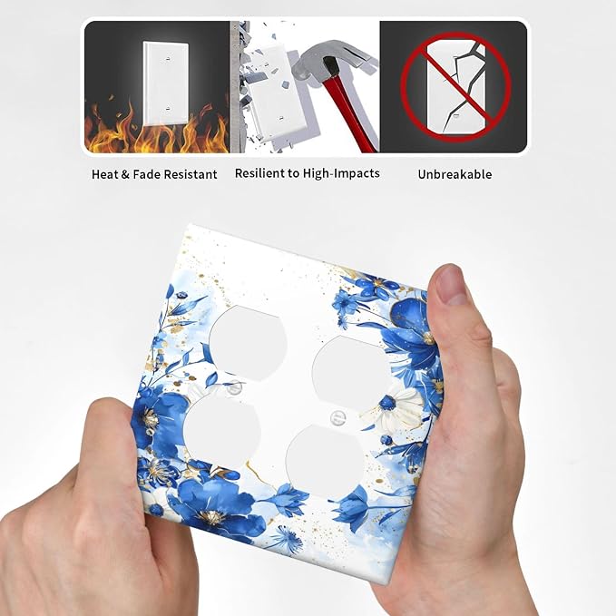Klein Blue Flowers Watercolor Golden White Floral Outlet Covers 2 Gang Double - Image 6