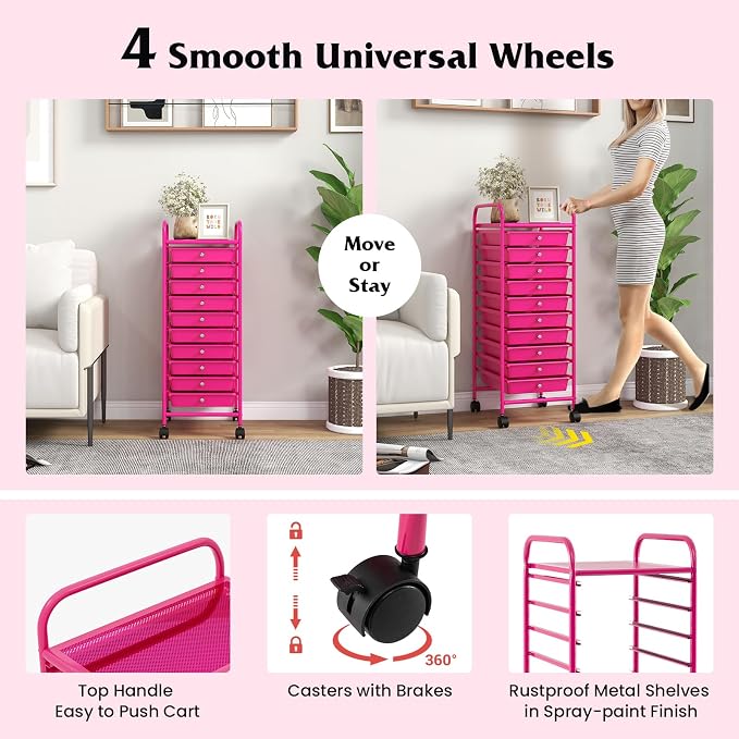 Giantex 10-Drawer Storage Cart w/Universal Wheel, Rolling Cart w/Handle - Image 6